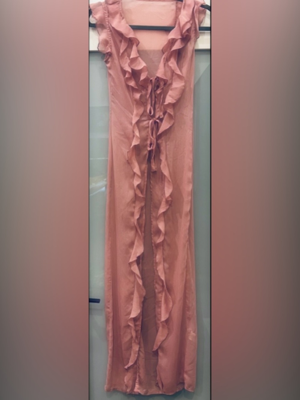 MISSGUIDED Ruffled SHEER OPEN FRONT Maxi Duster Cardigan in Dusty Rose Size XS